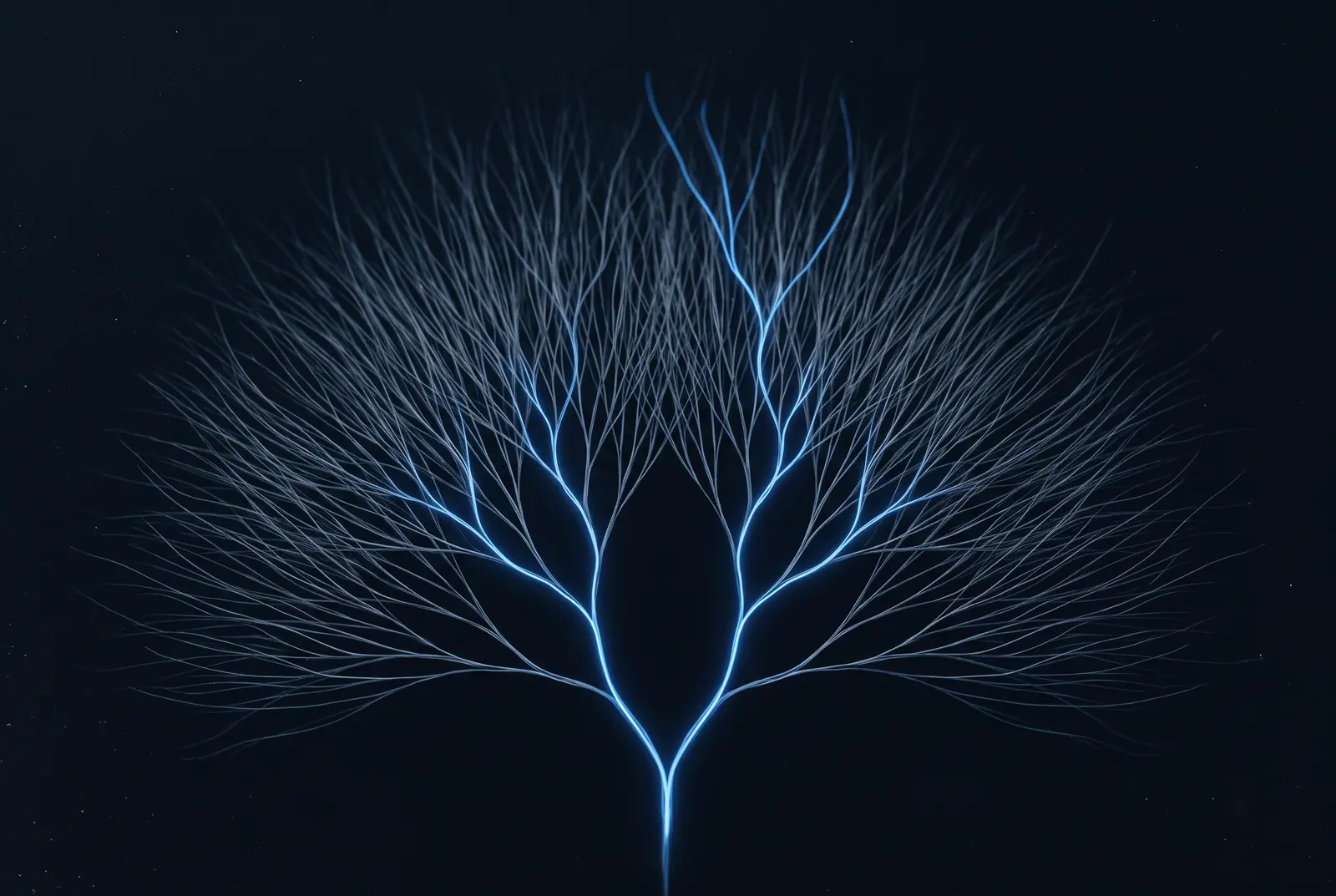 Cover-Illustration: ein sich mit jeder Ebene verdoppelnder Baum aus feinen Linien, eine Linie hervorgehoben von der Wurzel bis zu einer Spitze.