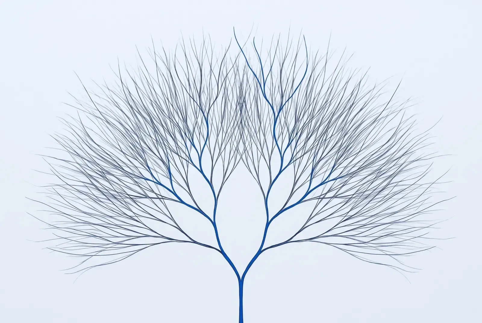 Cover-Illustration: ein sich mit jeder Ebene verdoppelnder Baum aus feinen Linien, eine Linie hervorgehoben von der Wurzel bis zu einer Spitze.