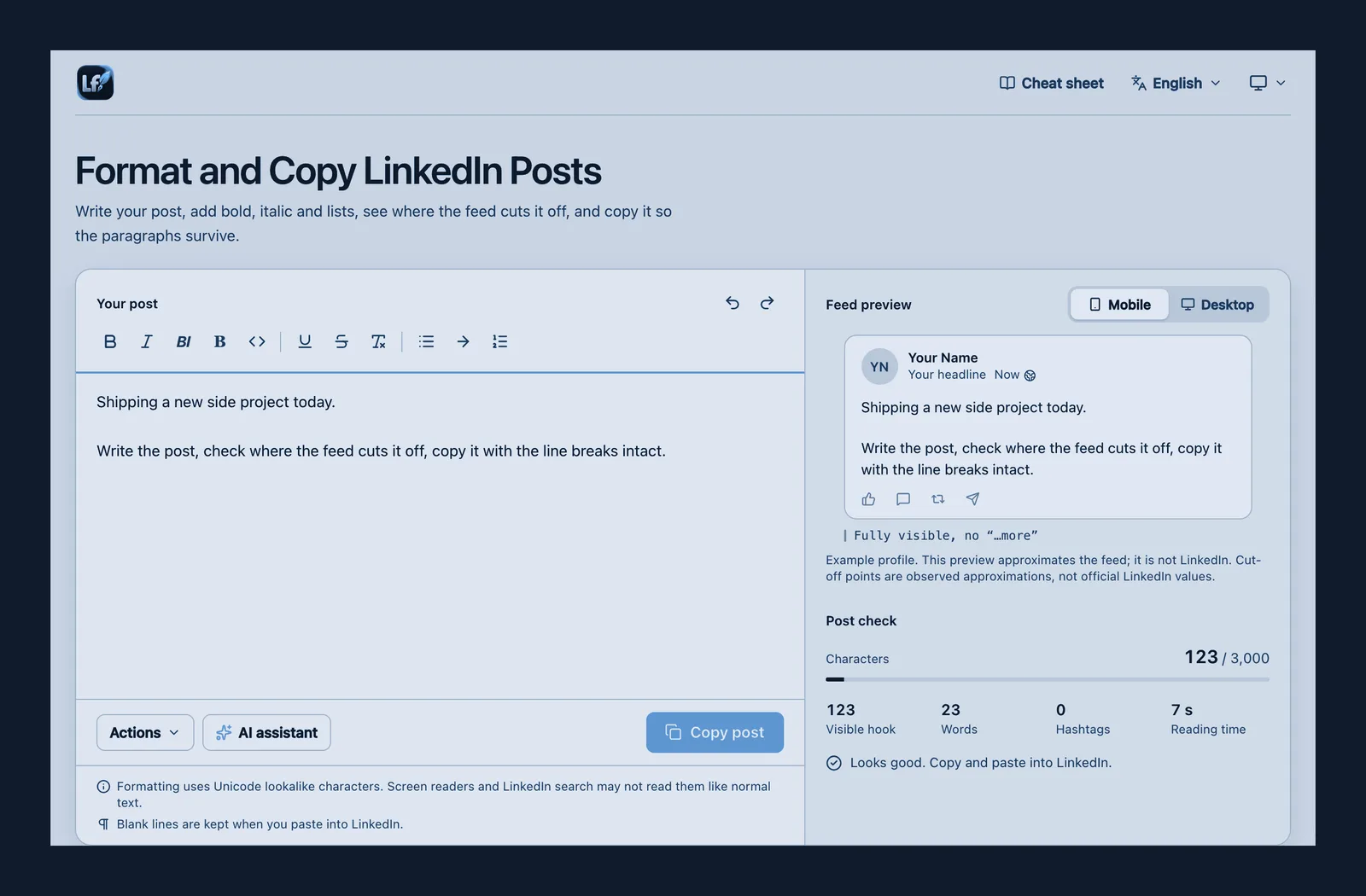 Screenshot von linkedinformatter.app, farblich angepasst: die Headline „Format and Copy LinkedIn Posts“ über einem Editor mit kurzem Beispielpost, daneben eine Feed-Vorschau und der Post-Check.