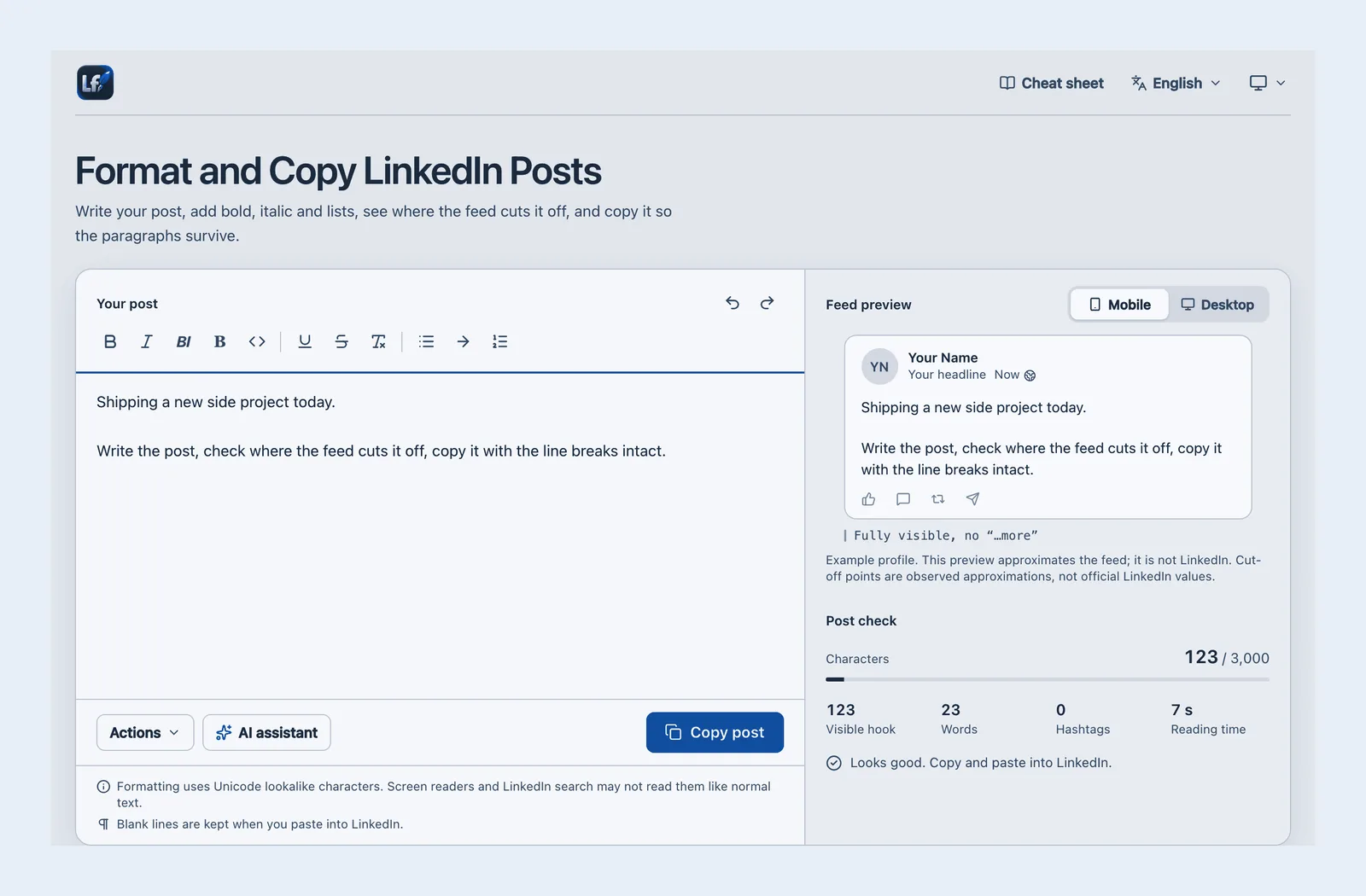 Screenshot von linkedinformatter.app, farblich angepasst: die Headline „Format and Copy LinkedIn Posts“ über einem Editor mit kurzem Beispielpost, daneben eine Feed-Vorschau und der Post-Check.