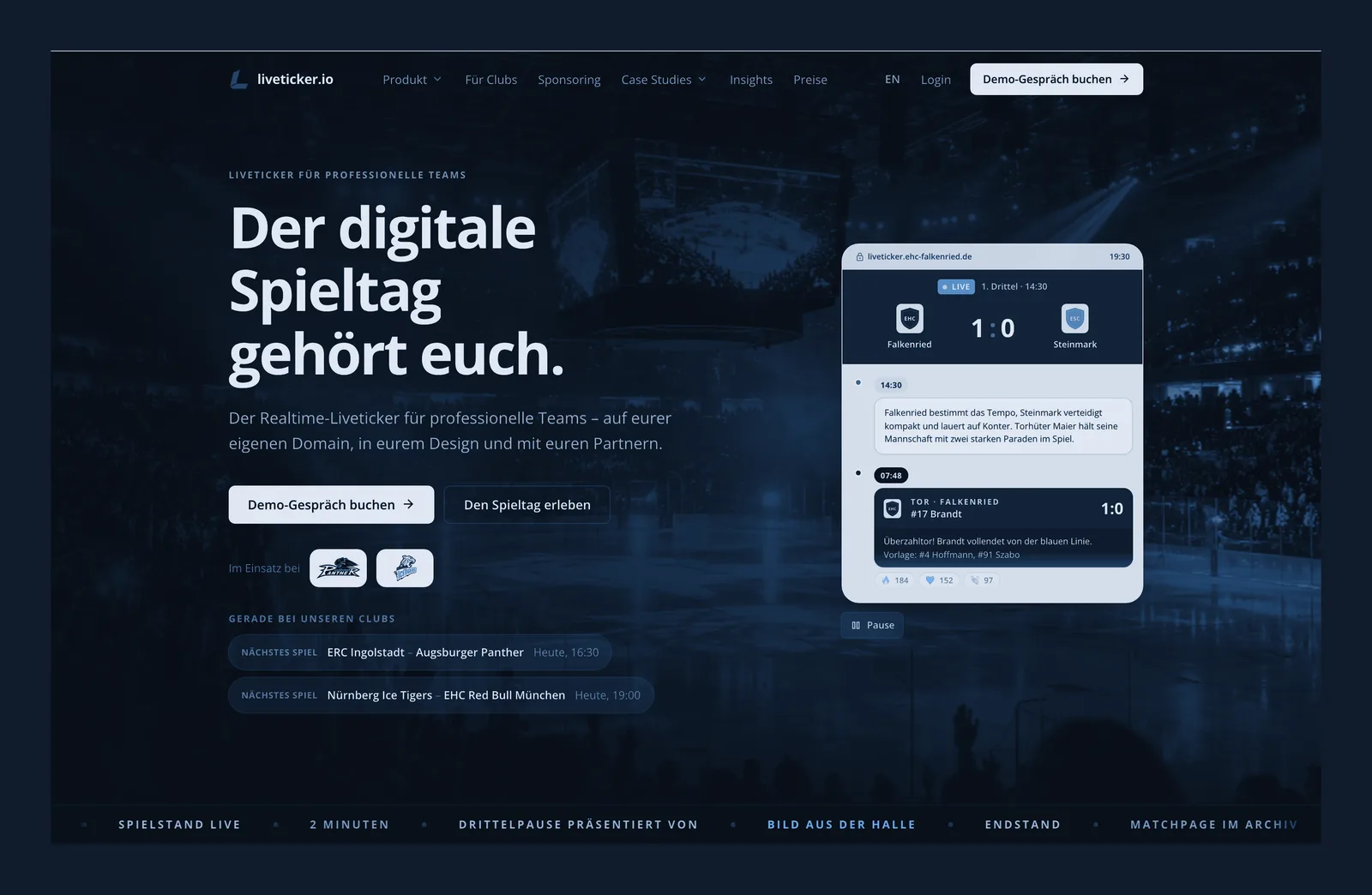 Screenshot der Startseite von liveticker.io, farblich angepasst: die Headline „Der digitale Spieltag gehört euch.“ neben einem Liveticker mit Spielstand und Tor-Timeline, vor einer Eishockeyhalle.