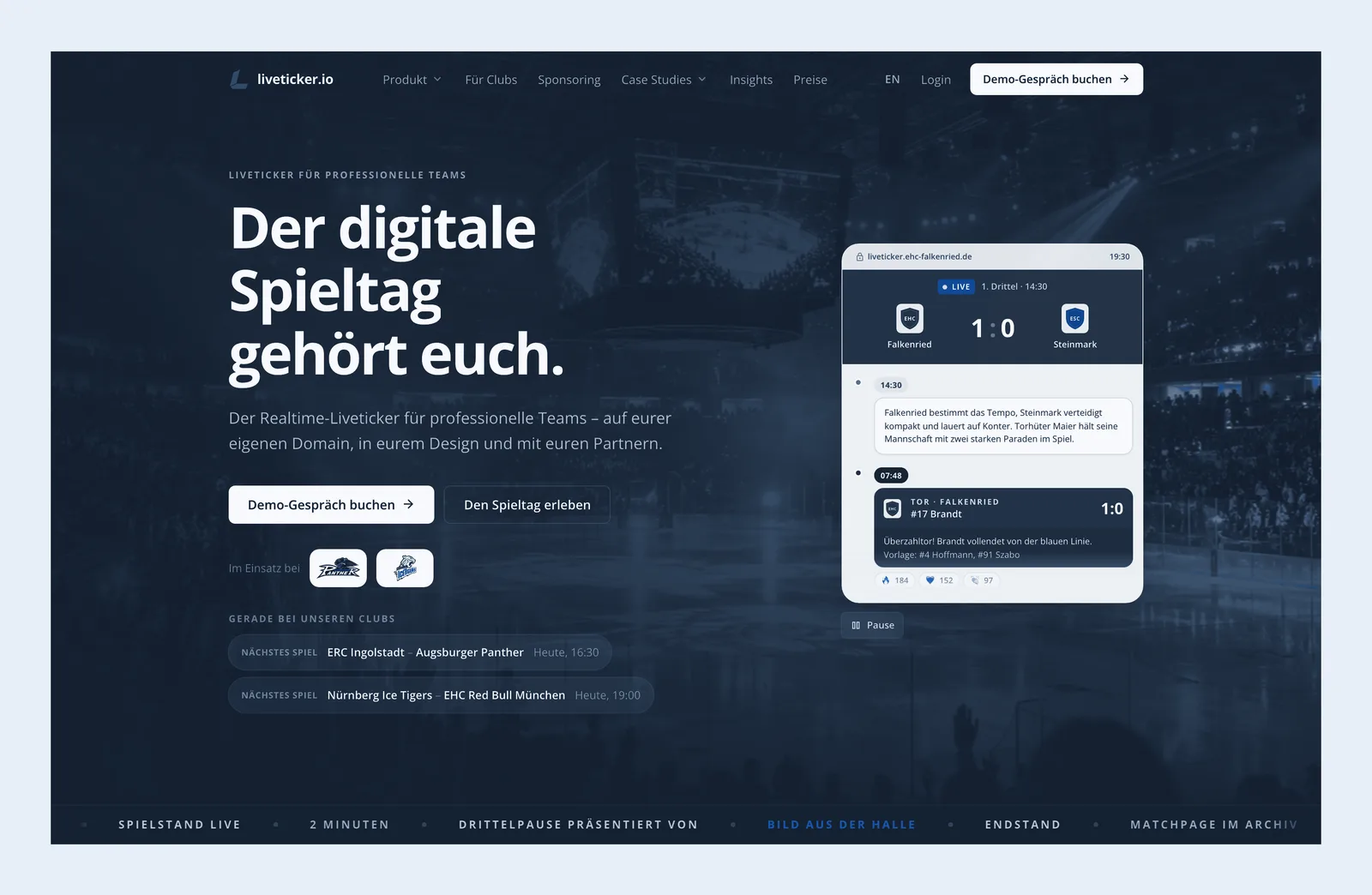 Screenshot der Startseite von liveticker.io, farblich angepasst: die Headline „Der digitale Spieltag gehört euch.“ neben einem Liveticker mit Spielstand und Tor-Timeline, vor einer Eishockeyhalle.