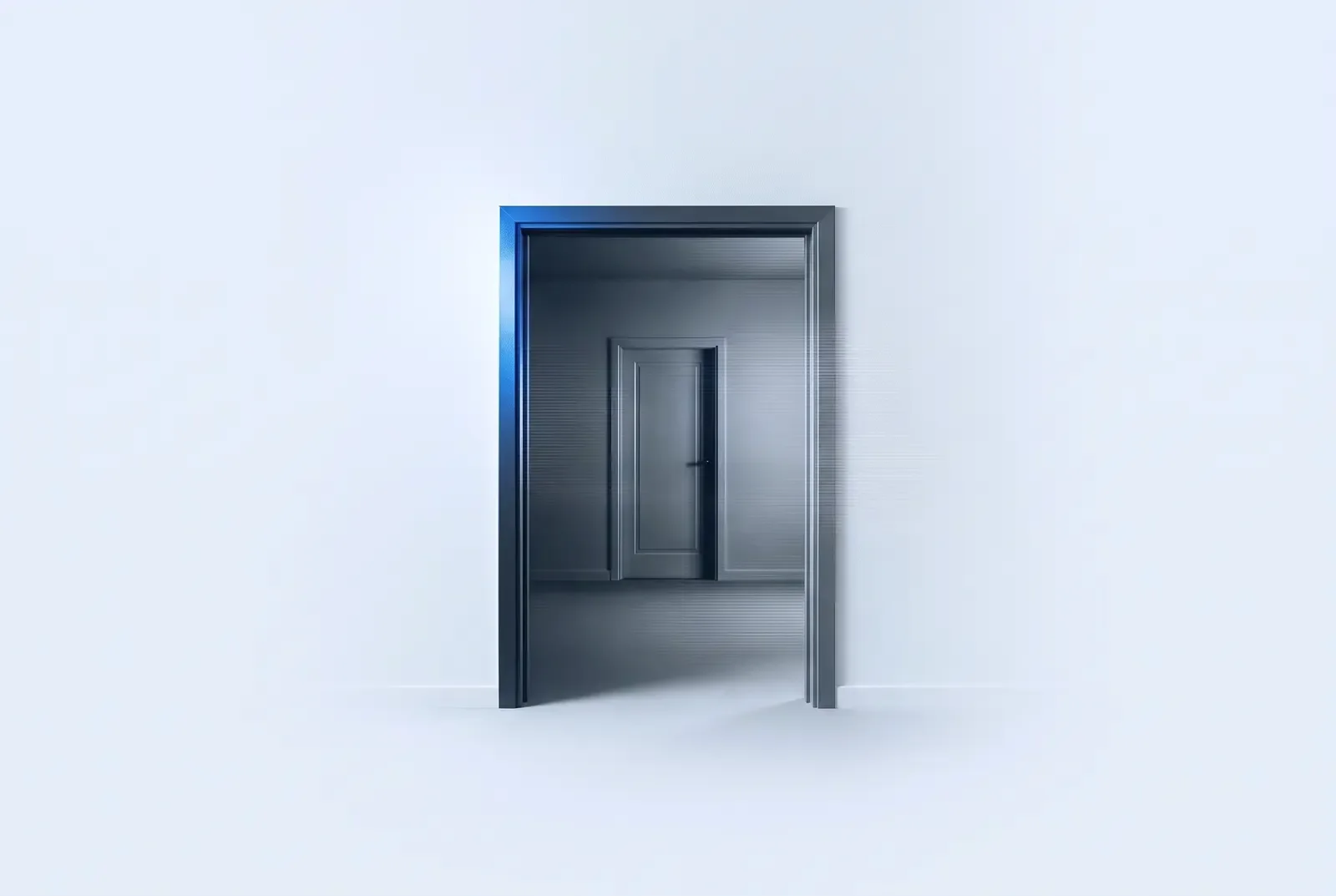 Cover-Illustration: eine Tür, die in einen dunklen, leeren Raum führt.