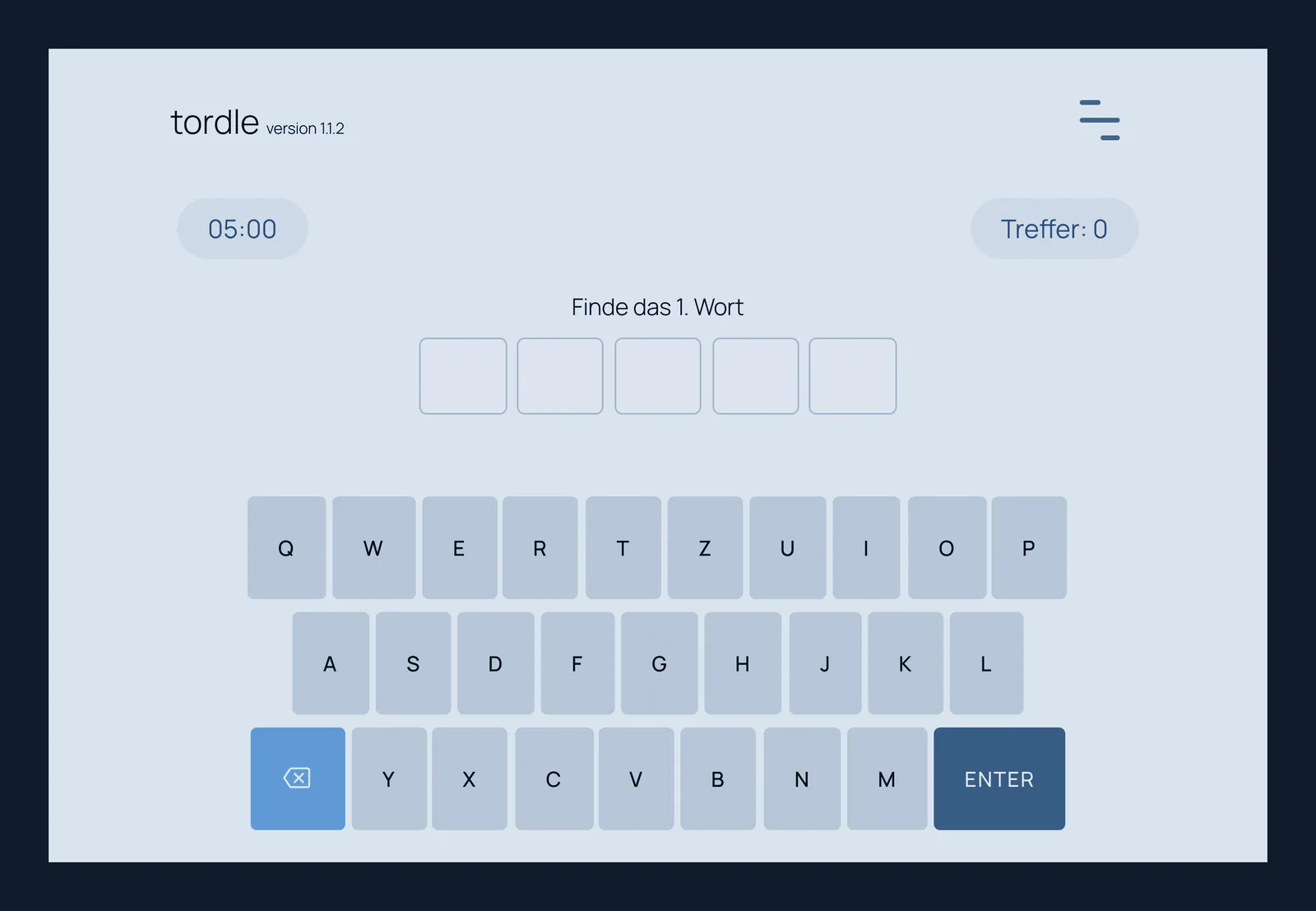 Screenshot von tordle.de, farblich angepasst: der Spielbildschirm mit Timer, Trefferzähler, leeren Buchstabenfeldern und Bildschirmtastatur.