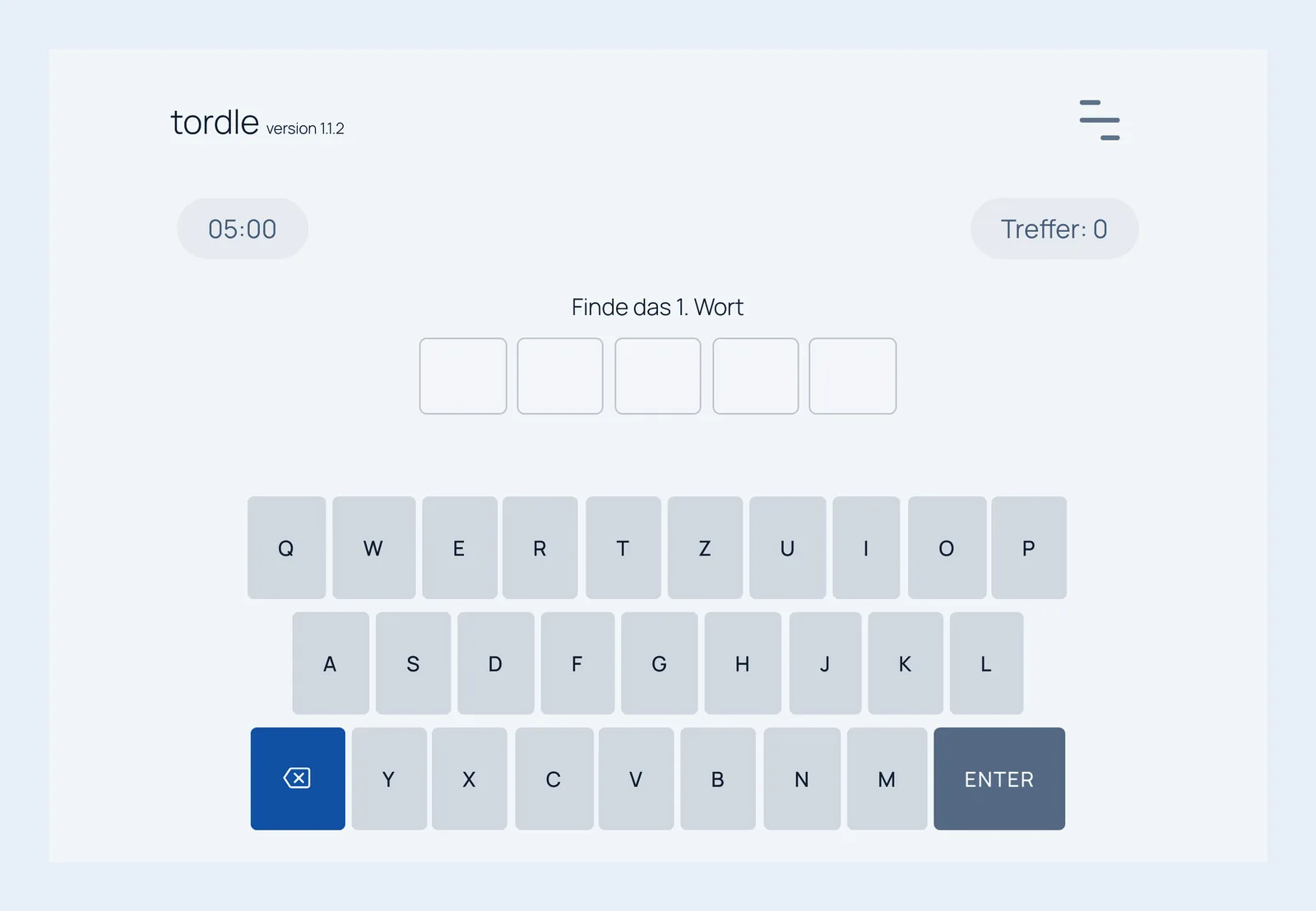 Screenshot von tordle.de, farblich angepasst: der Spielbildschirm mit Timer, Trefferzähler, leeren Buchstabenfeldern und Bildschirmtastatur.