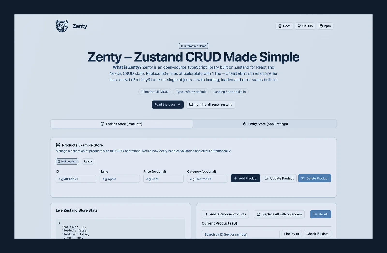 Screenshot der Startseite von zentylib.com, farblich angepasst: die Headline „Zenty – Zustand CRUD Made Simple“ über einem interaktiven Demo-Store mit Formularfeldern und dem Live-Zustand des Stores.