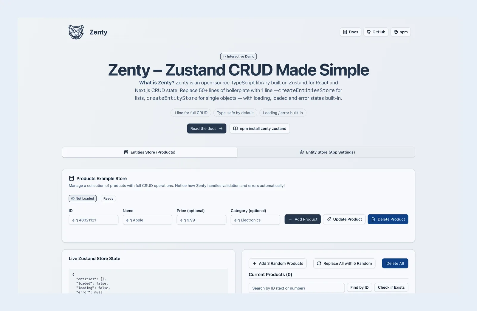 Screenshot der Startseite von zentylib.com, farblich angepasst: die Headline „Zenty – Zustand CRUD Made Simple“ über einem interaktiven Demo-Store mit Formularfeldern und dem Live-Zustand des Stores.